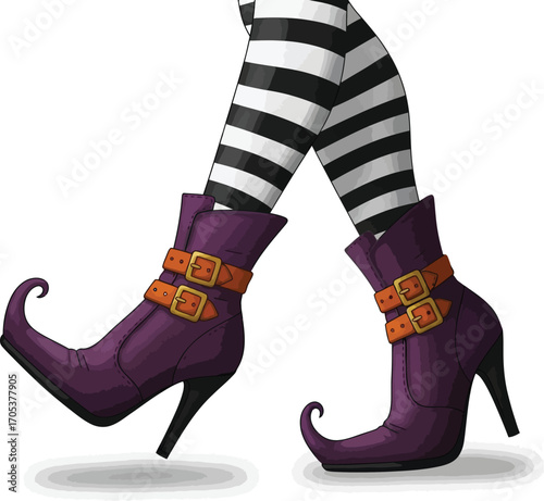 Witch legs with striped stockings and purple shoes halloween costume detail for party invitation or greeting card
