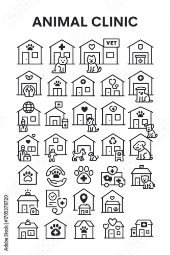 A comprehensive set of outline icons for veterinary medicine, animal clinics, pet hospitals, and animal shelters. Simple vector symbols for pet care