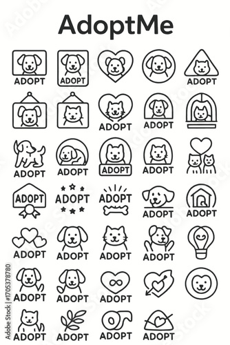 A collection of simple black and white line icons for pet adoption, featuring cute dogs and cats, hearts, and shelter symbols for animal rescue charities