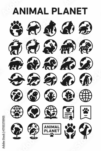 Global wildlife conservation and animal care icon collection. A set of black glyph symbols representing nature, pets, and environmental protection
