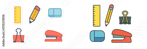 Colorful stationery items: rulers, pencils, erasers, binders, and staplers