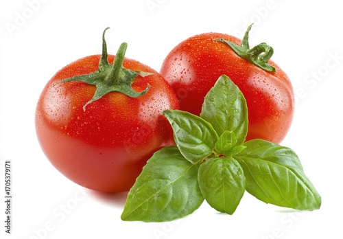 Two fresh, red tomatoes, with basil leaves, sit on a plain white background. The tomatoes are plump, glossy, and covered in small water droplets