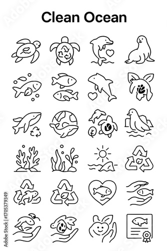 A set of linear icons representing ocean conservation, pollution control, and marine animal protection concepts
