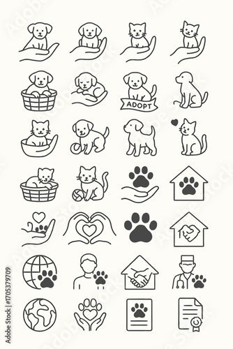 Pet adoption and animal care line icon set, a concept for veterinary clinics, shelters, and animal welfare organizations
