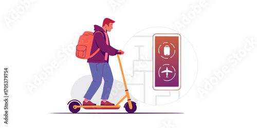Man with backpack riding electric scooter next to smartphone showing battery and airplane icons