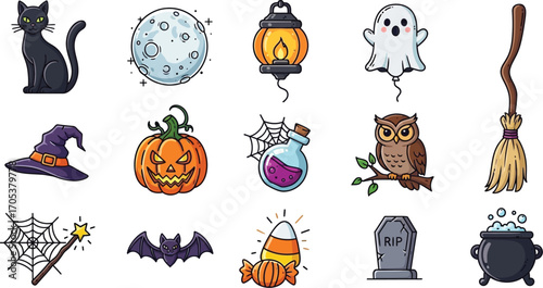Collection of halloween icons set of spooky and festive elements for celebrating holiday season with fun and fright