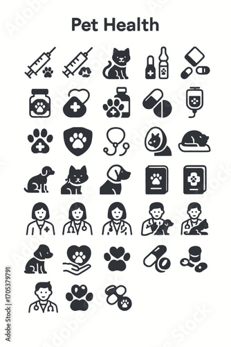 A comprehensive collection of linear icons representing veterinary medicine, animal healthcare, and pet wellness concepts