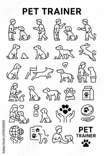 A comprehensive line art icon collection illustrating dog training commands, animal behavior, and pet care concepts