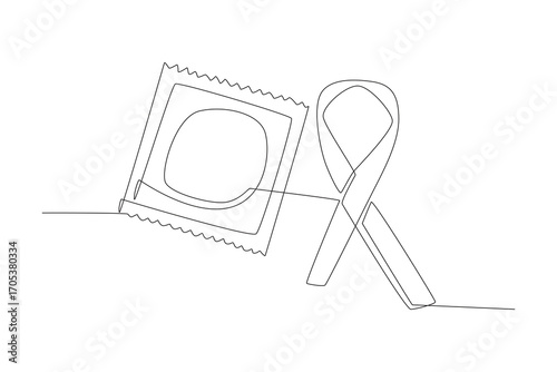 Condoms and red ribbons. World aids day concept one-line drawing