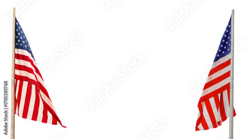 Close up photo of 2 American US flags with copy space, isolated on white or transparent background, veterans day or memorial day web banner, midterms elections, american national holiday, July 4