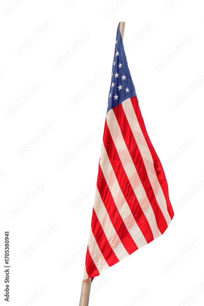 Fototapeta premium Close up photo of an American US flag on a pole, isolated on white or transparent background, presidential midterm elections, american national holiday, July 4, Veterans or memorial day banner, png.
