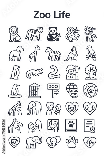 A comprehensive set of thin line icons representing various zoo animals, wildlife, and conservation concepts for web and print design