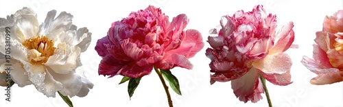Four peonies in varying shades of pink and white, isolated against a white background.