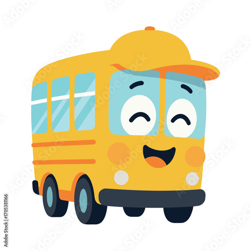 Cute yellow school bus cartoon character with a happy face.