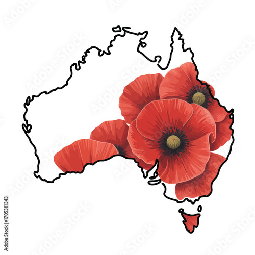 Elegant line art vector of Australia and New Zealand map overlaid with red poppy petals, symbolizing remembrance and tribute