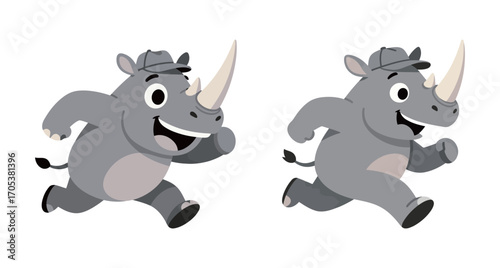 Two cute rhino cartoon characters running with happy faces.