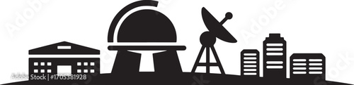 Silhouette of Observatory and City Skyline with Satellite Dish for Science and Technology