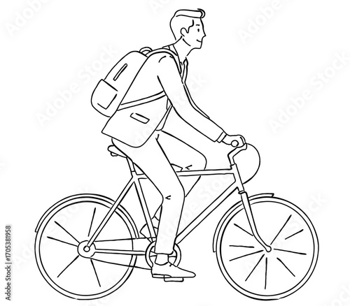 リュックを背負って自転車で通勤する男性のビジネスマンのおしゃれな線画アイコンベクターイラスト / オフィス / ラインアート