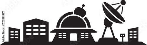 Silhouette of Observatory and Cityscape with Satellite Dish for Science and Technology