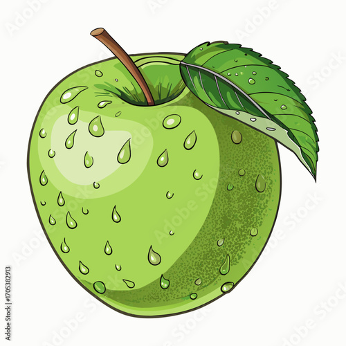 Juicy Green Apple with Leaf, Water Drops Illustration