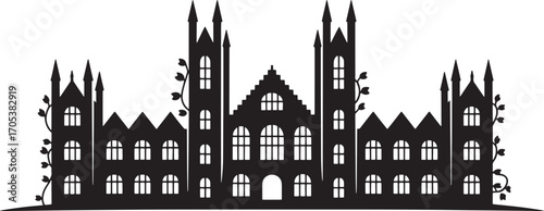 Detailed Silhouette Vector Illustration of a Grand University Building with Towers and Arches Design