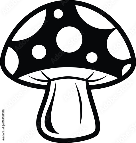 Cartoon Mushroom Illustration with Bold Outline, White Spots, and Simple Shading for Children's Book or Educational Material