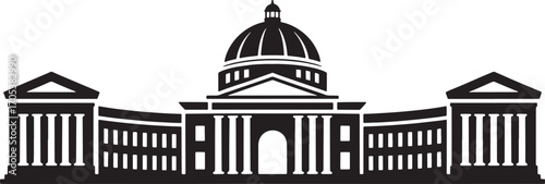 Detailed Silhouette Vector Illustration of a Grand Government Building with Columns and Dome Architecture