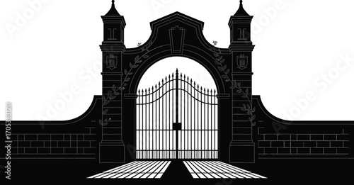 Monumental Gate Silhouette with Intricate Ironwork and Stone Pillars Against a Transparent Backdrop