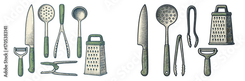 Assorted kitchen utensils for food preparation and cooking tasks