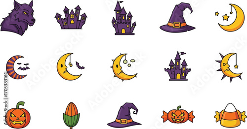Whimsical halloween icons featuring spooky castles, crescent moons, pumpkins, witch hats, and a werewolf head
