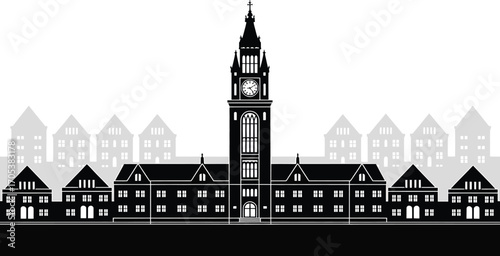 Town Hall Silhouette with Clock Tower and Buildings Against a Transparent Background