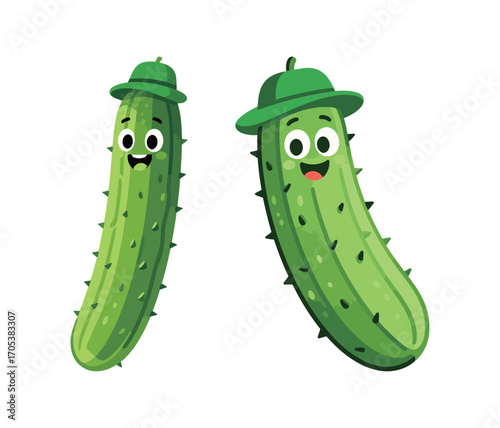 Two cute cucumber cartoon characters with happy faces and green hats.