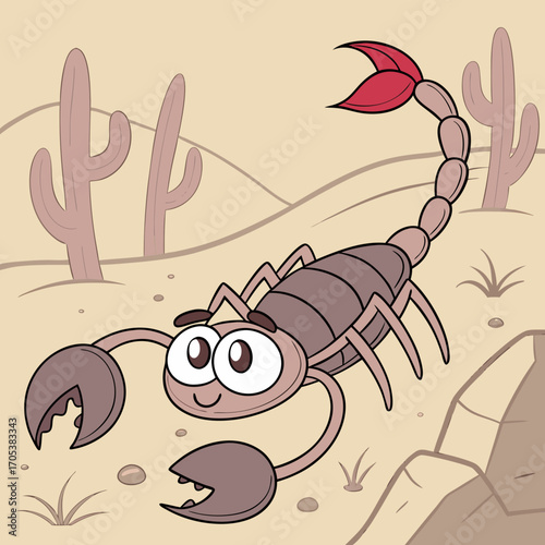 Illustration of a cartoon scorpion in the desert, with cacti and rocks, a cute and friendly character in a natural habitat