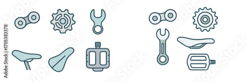 Bicycle components and repair tools, chain, gear, wrench, saddle, pedal