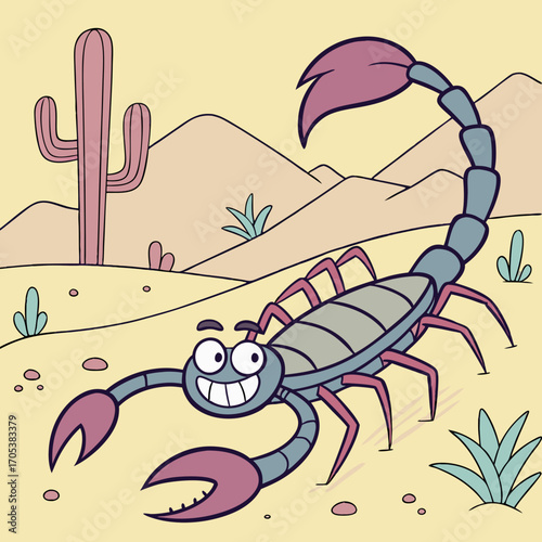 Illustration of a cartoon scorpion in the desert, with cacti and mountains, a cheerful character in a scenic environment