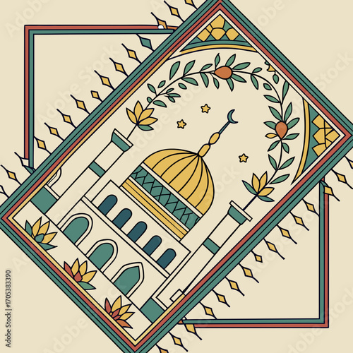 Illustration of a mosque with minarets and a dome, surrounded by floral motifs and geometric patterns on a beige background