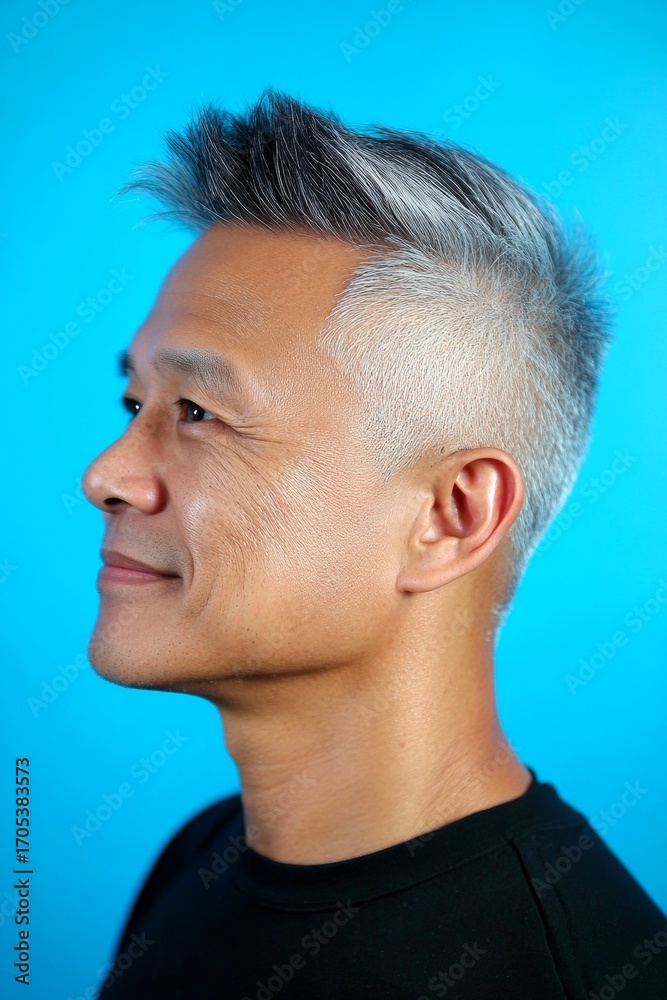 Fototapeta premium A classic and stylish male with a natural smile. Blue solid back