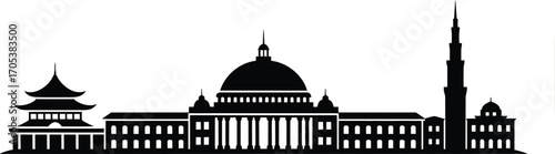 Detailed Cityscape Silhouette with Asian Pagoda, Dome, and Tower Architectural Landmarks Design