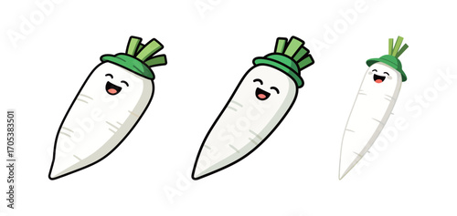 Three cute radish cartoon characters with happy faces and green hats.