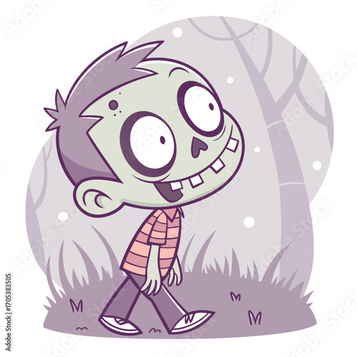 Vector art of a cartoon zombie boy walking in a spooky forest with trees
