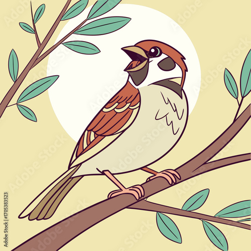 Vector art of a charming sparrow perched on a branch against a sunny backdrop, singing a cheerful song in a delightful illustration