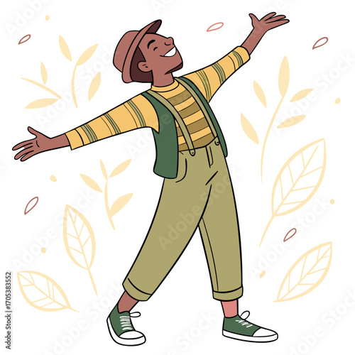 Vector art of a cheerful young african american man in a hat joyfully embraces life with open arms