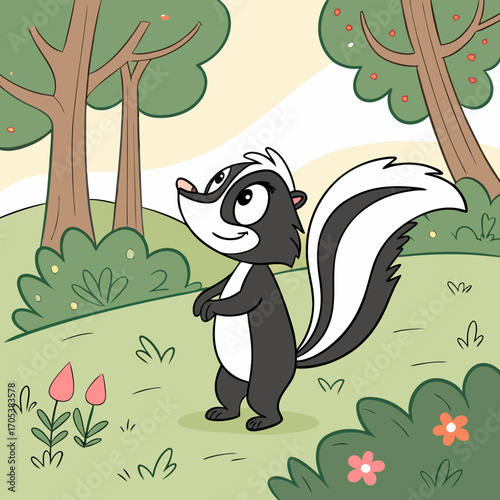 Vector art of a cute cartoon skunk standing in a forest clearing with trees, bushes, and flowers in a whimsical and charming illustration