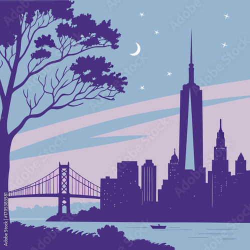 Vector art of a cityscape silhouette with bridge, skyscrapers, tree, moon and stars on a blue and purple background at night