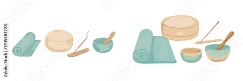Yoga and meditation accessories: rolled mat, singing bowl, incense stick