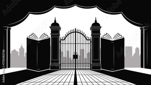 Enigmatic Gateway to Knowledge Silhouette Vector Illustration with Open Books and Cityscape Backdrop