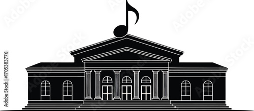 Classical Building Silhouette Vector Illustration with Musical Note Ornament on Top Facade