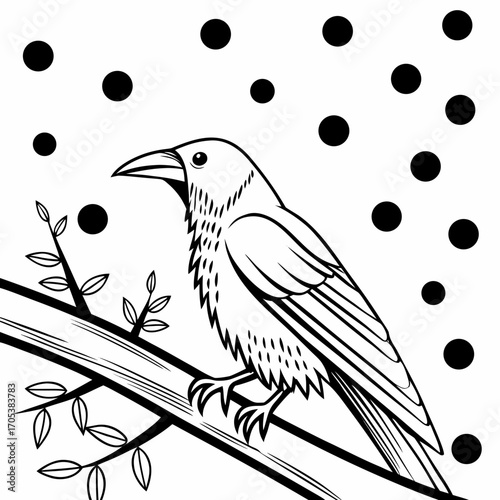 Vector art of a striking black and white illustration of a raven perched on a branch with snow falling