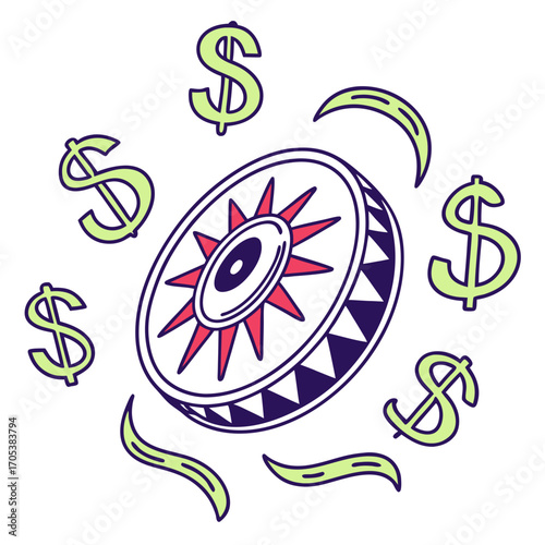 Vector art of a stylized drum surrounded by dollar signs, representing wealth, prosperity, and financial success