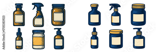 Assorted bottles and jars with blank labels for product packaging